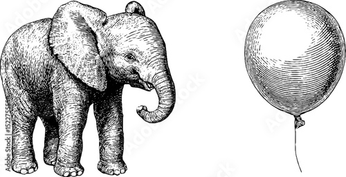 Engraved baby elephant with balloon illustration for child decor