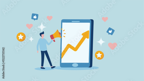 A person with megaphone standing next to a phone with an upward trending arrow and social media icons