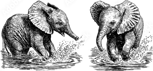 Engraved illustration of playful baby elephants splashing in water