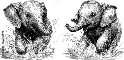 Playful baby elephants enjoy splashing in water - engraved illustration set for prints