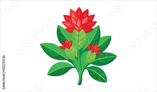 Vibrant red flower with lush green leaves illustration