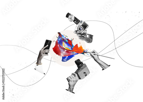 Liquid splash Color design and Paintbrush, camera and smartphone, isolated on free png background. Admire artwork. Be successful in art. Blogging and creativity.