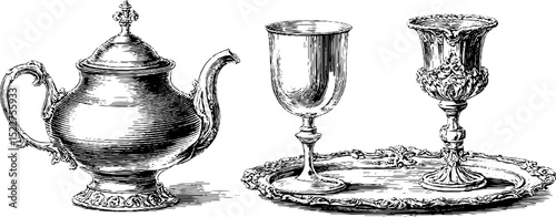 Engraved baroque teapot and goblets on tray - vintage tableware design for historical decor