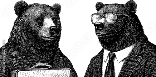 Business bears engraved illustration set in suits with accessories for creative design projects