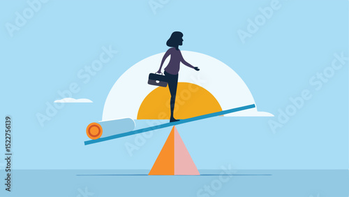 A woman balancing on a seesaw with a briefcase against a stylized sun and sky background