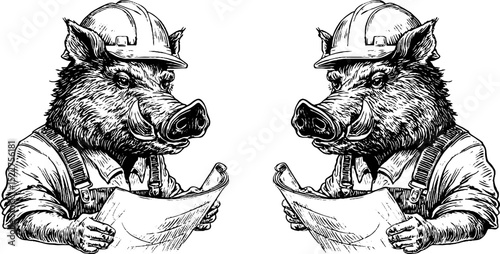 Engraved illustration of boar in construction attire holding blueprint