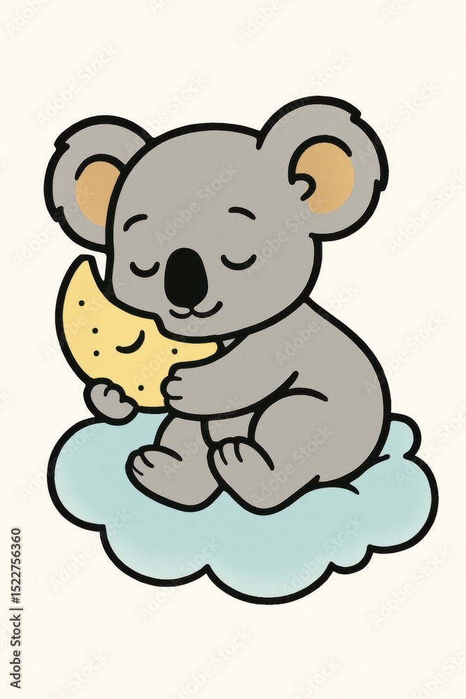 Naklejka premium A cute cartoon koala hugs a smiling moon while sitting on a fluffy blue cloud, appearing calm and peaceful.