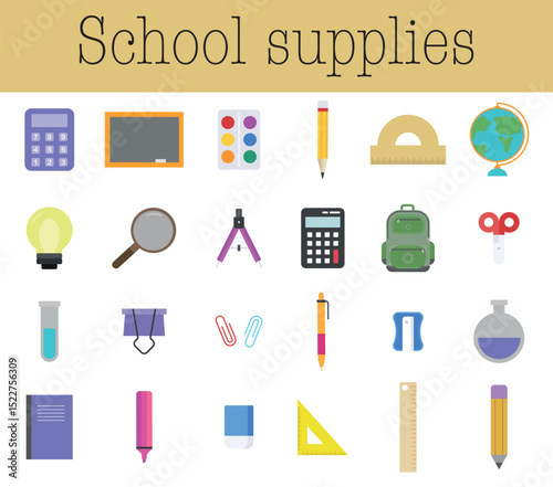 Colorful flat icons of school supplies including books, pencils, backpack, globe, calculator, ruler, pen, eraser, scissors, and more. Perfect for education, learning, and classroom design.