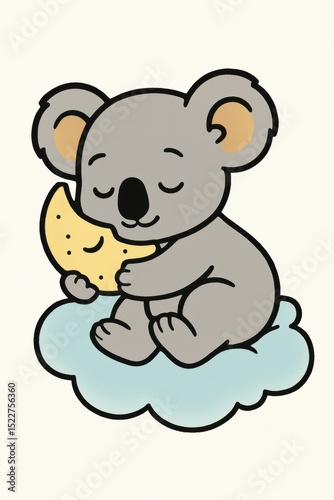 A cute cartoon koala hugs a smiling moon while sitting on a fluffy blue cloud, appearing calm and peaceful.