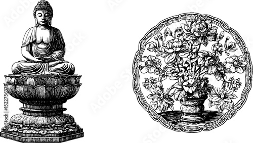 Engraved illustrations of buddhist meditation and sacred floral art