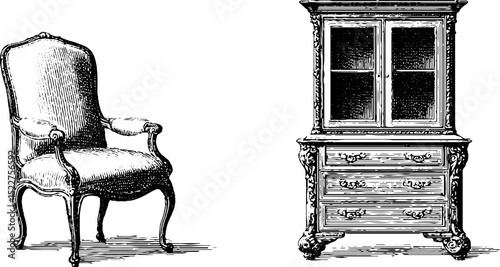 Elegant chippendale armchair and cabinet engraved illustration set for interior design