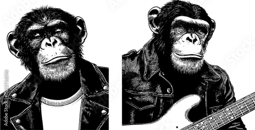 Engraved illustration of chimpanzee in leather with guitar - vintage art concept