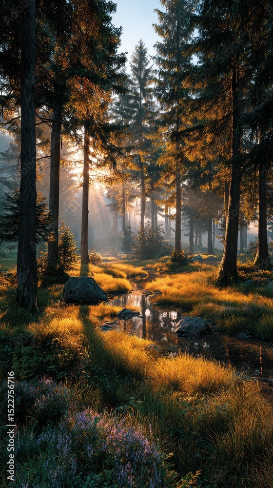 Fototapeta premium Sunlight filters through trees in a serene forest landscape during early morning hours
