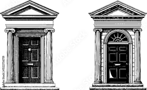 Engraved colonial door illustrations set – architectural design and historical art