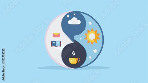 Yin yang symbol with day and night icons including sun cloud stars book letter and coffee cup