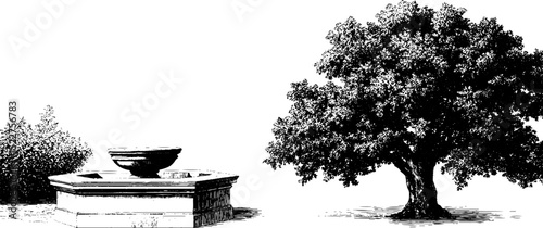 Colonial garden scenes with engraved tree, fountain, and flower bed for ornamental design