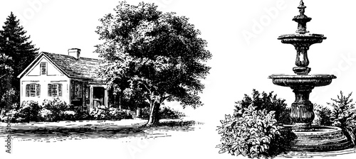 Engraved illustration of colonial house with garden and fountain scene