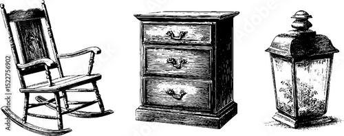 Vintage colonial furniture and lanterns engraving set for interior decoration