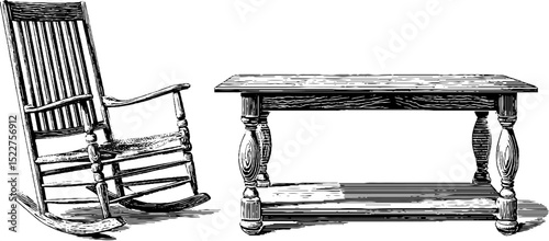 Vintage colonial rocking chair and table engraving for antique furniture design