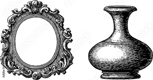 Vintage colonial wooden frame and vase engraved set for historical design