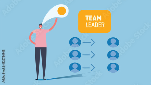 A cartoon illustration depicting a team leader guiding a group of team members on a light blue background