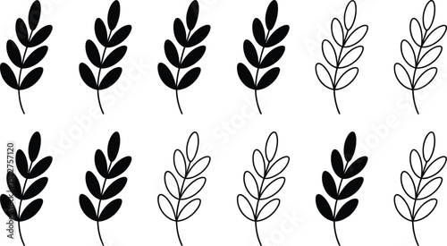 Black and outline botanical leaf icons in minimalist vector style

