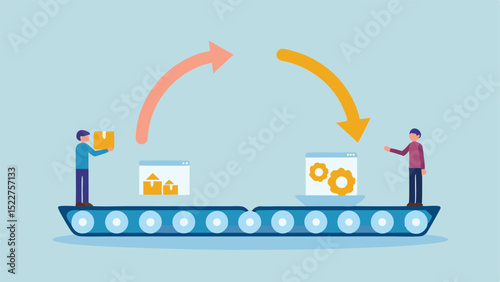Illustration of a conveyor belt with figures, boxes, gears, and arrows on a light blue background