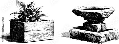Engraved illustration set of craftsman bungalow elements with planter and stone sculpture