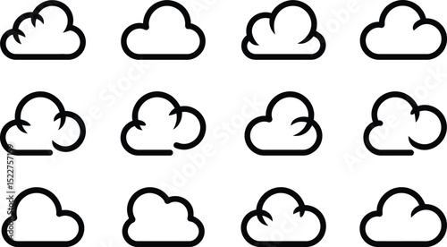 Outline icons of stylized cloud shapes with minimalistic and curved line designs

