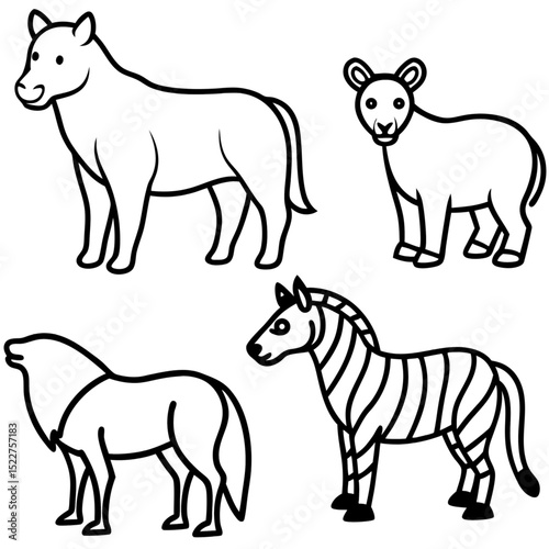 A set of vector animal silhouettes: wild mammals like dogs, horses, pigs, sheep, wolves, cows, bears, and bulls, isolated in black and white outlines for nature illustrations