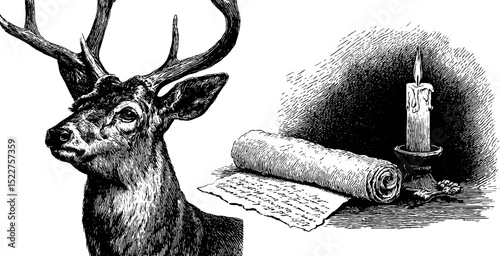 Engraved illustration of deer and writer's desk with candle and feather quill