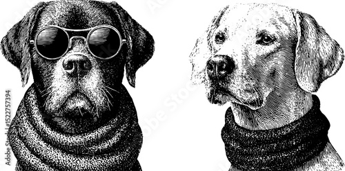 Engraved illustration of dogs with sunglasses and scarves for fashion design