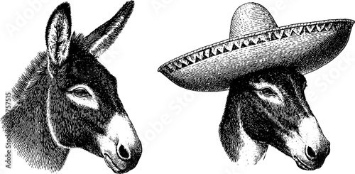 Engraved donkey illustrations with mustache and hat for creative designs