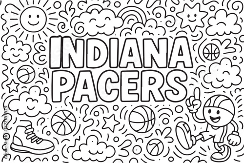 Vector doodle background in black and white, showcasing Indiana Pacers basketball symbols and players with strong black outlines for energetic visual style.

