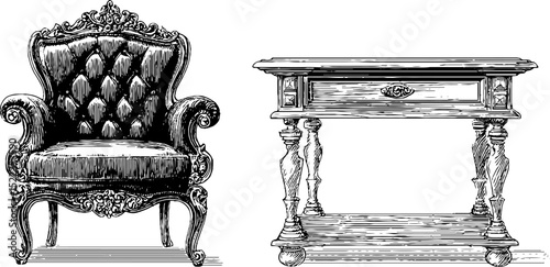 Elegant edwardian armchair and table engraving set for vintage design and decor inspiration