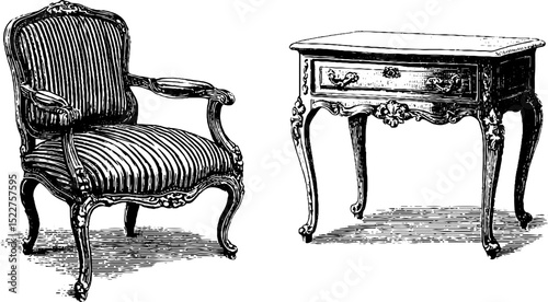 Edwardian furniture set featuring engraved armchair and table design for vintage decor