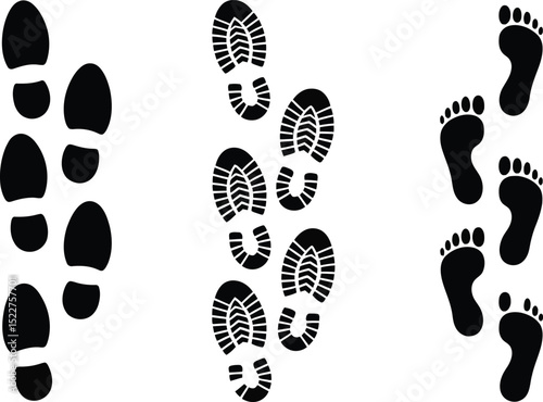 Footprint icon set featuring shoeprints, boot tracks, and bare feet silhouettes

