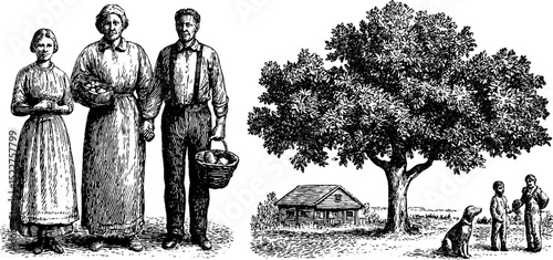 Vintage rural scene with elderly farmer couple and rustic landscape illustration