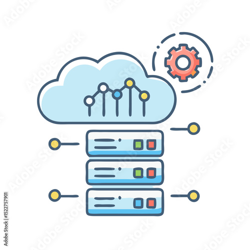Cloud computing data storage with servers and gear icon illustration  