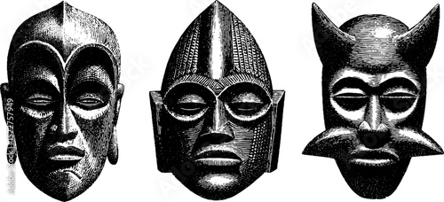 Engraved illustration set of tribal fang reliquary masks for cultural design and decoration
