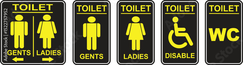 Toilet signs vector icon set. Bathroom glyph icons isolated on transparent background. WC sign set. Male, female and disabled wheelchair restroom icon sign. Vector illustration.