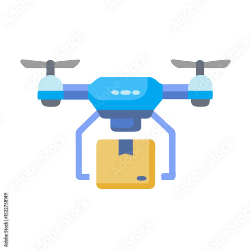 Drone delivering package in flat design style with blue accents  
