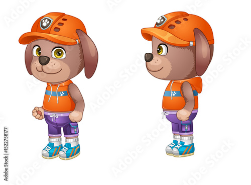 Vector illustration of cute 2 corner reddish brown dog boy character wearing school uniform. Cute, furry.