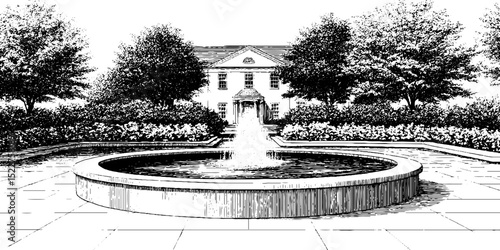 Historic federal mansion with fountain and garden in engraved style