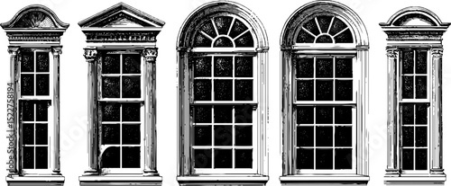 Engraved architectural illustration set of classic federal style window designs for historical restoration projects