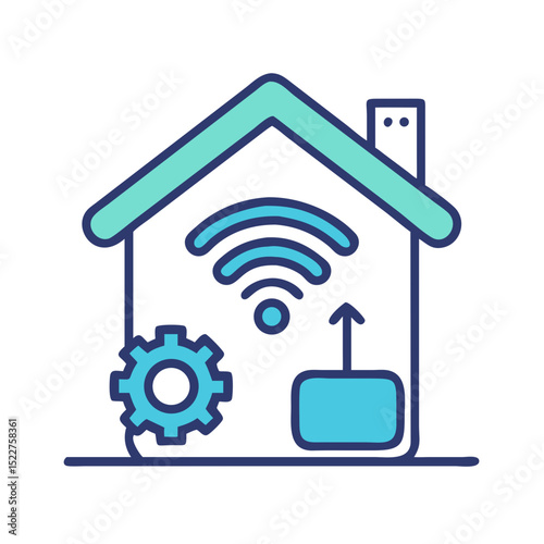 Smart home icon with gear and wireless signal illustration  