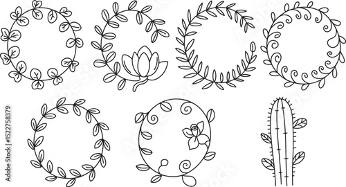 Elegant collection of hand drawn floral wreaths and cactus designs for decorative projects