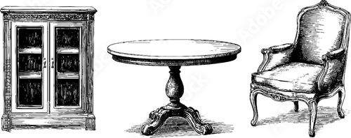 French provincial furniture collection: engraved illustration set for elegant design
