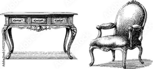 Elegant french provincial furniture engravings featuring ornate dining set for interior design and collectors