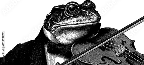 Whimsical frog violinist in suit engraved illustration